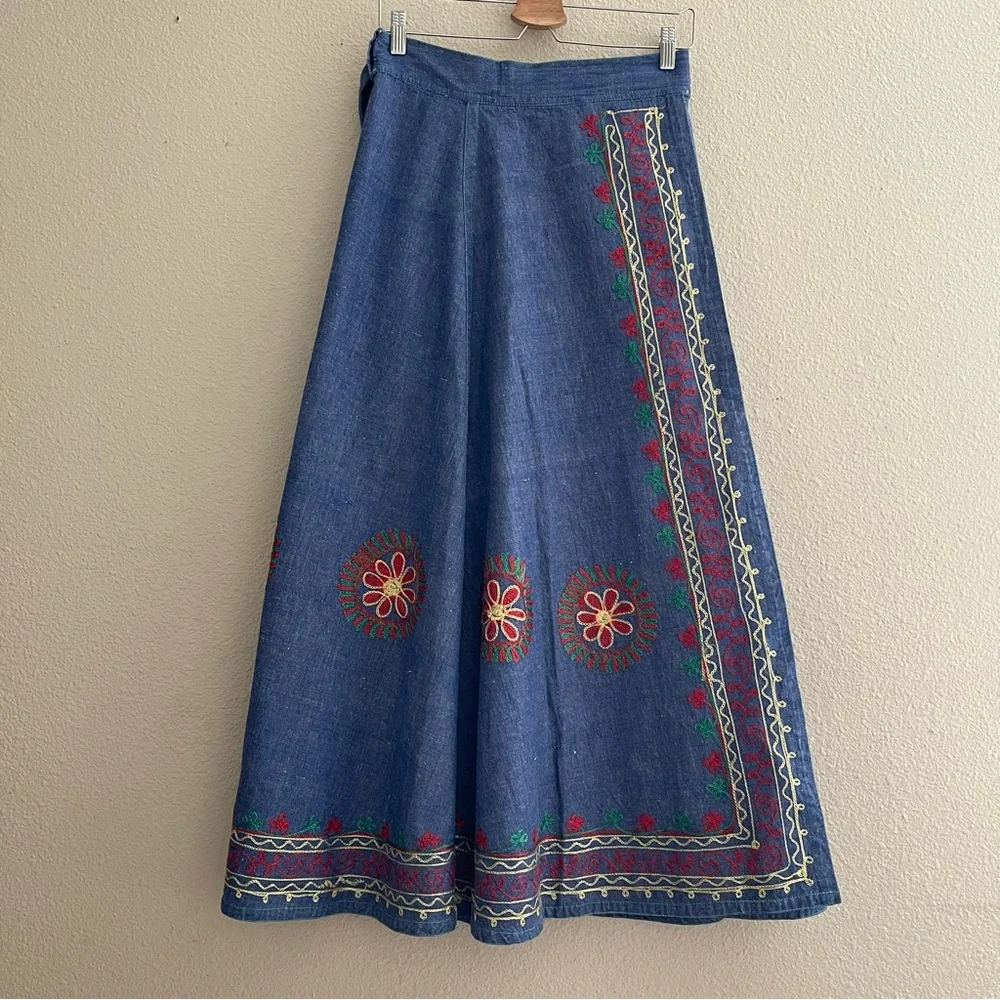 VINTAGE Embroidered Blue Denim Wrap  Boho Maxi Skirt‎ - Picture 2 of 16
